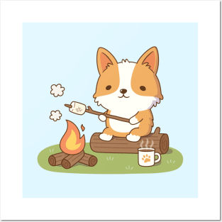 Cute Corgi Toasting Marshmallow At Campfire Posters and Art